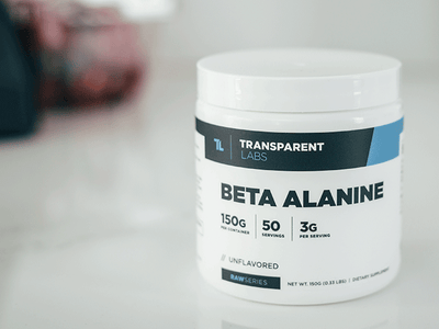 Beta-alanine supplement bottle on a table