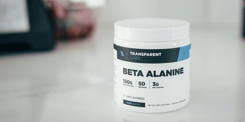 Beta-alanine supplement bottle on a table