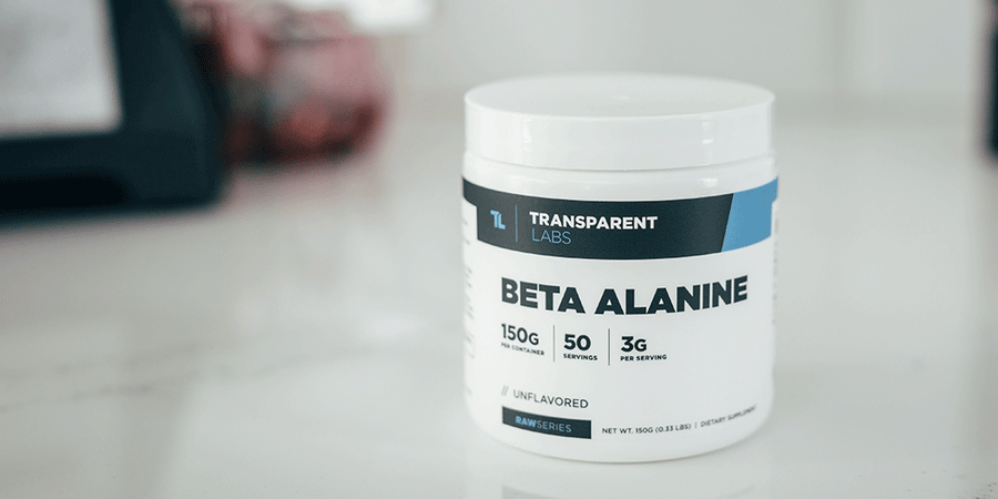 Beta-alanine supplement bottle on a table