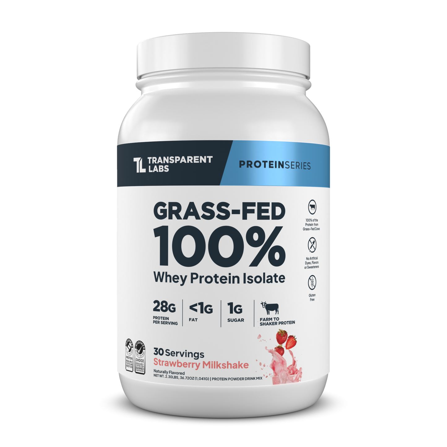 Transparent Labs Grass-Fed Whey Protein Isolate, Strawberry Milkshake, 2LB container