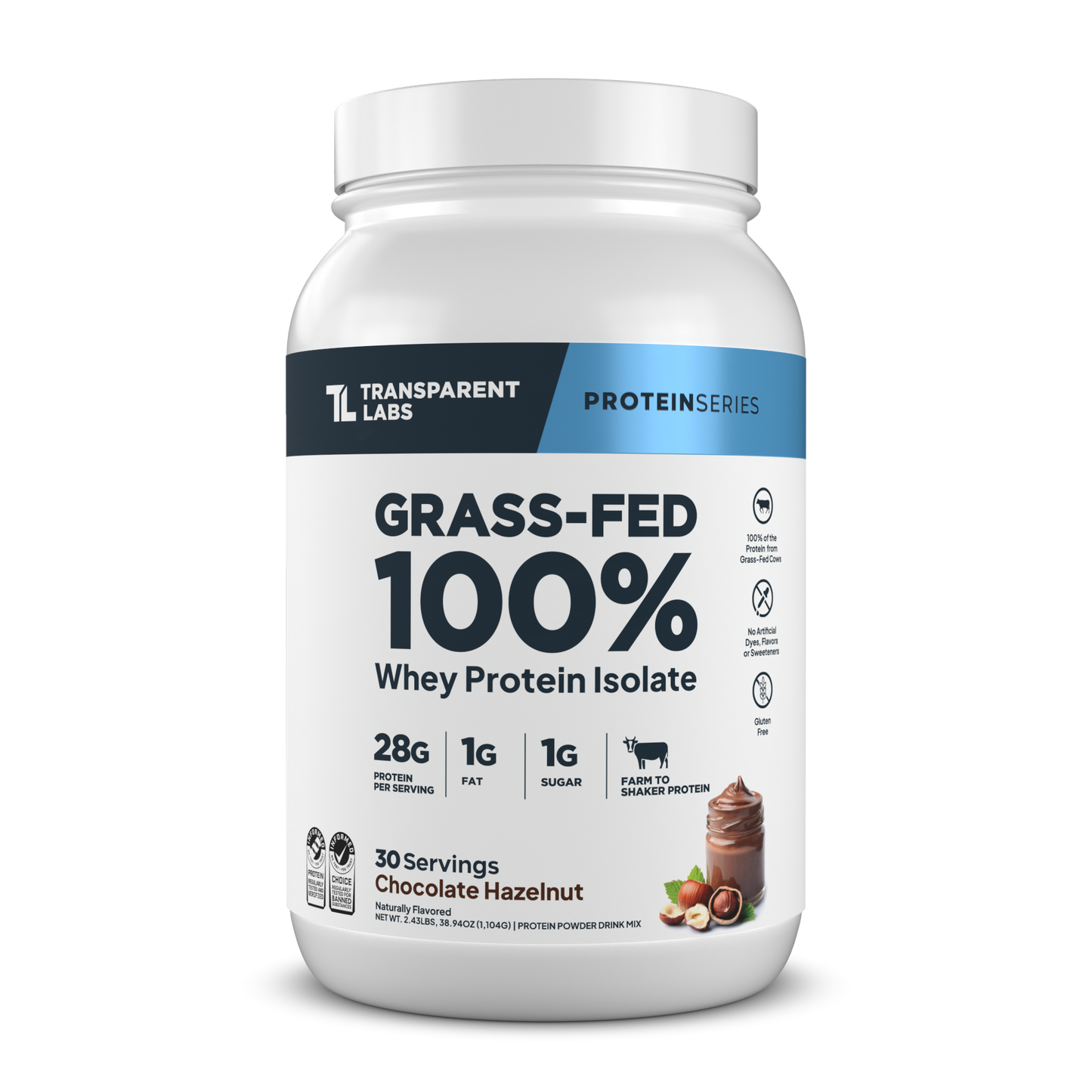 Transparent Labs Grass-Fed Whey Protein Isolate, Chocolate Hazelnut, 2LB container