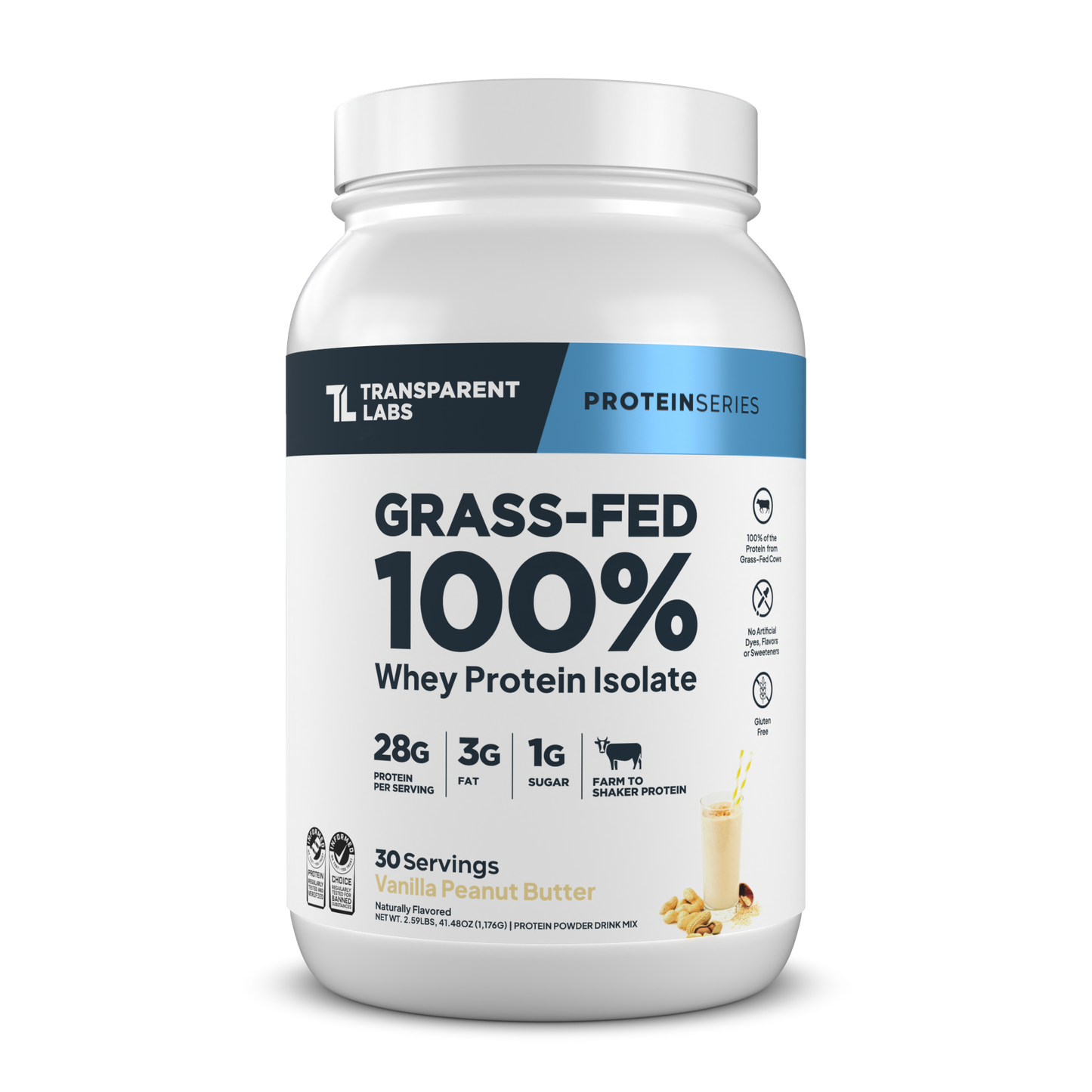 Transparent Labs Grass-Fed Whey Protein Isolate, Vanilla Peanut Butter, 2LB container