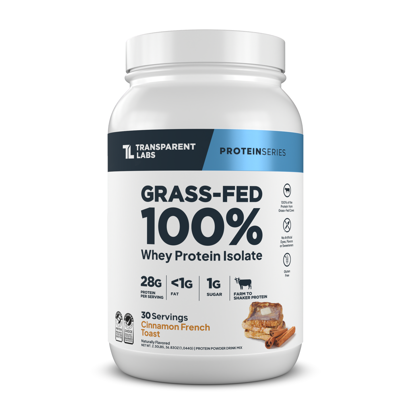 Transparent Labs Grass-Fed Whey Protein Isolate, Cinnamon French Toast, 2LB container