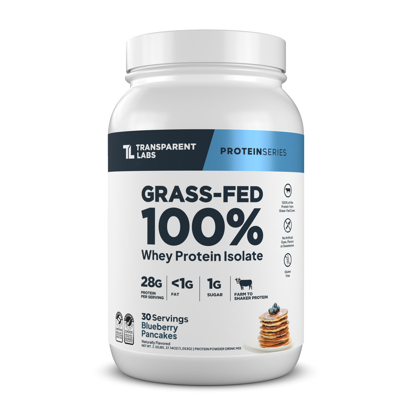 Transparent Labs Grass-Fed Whey Protein Isolate, Blueberry Pancakes, 2LB container