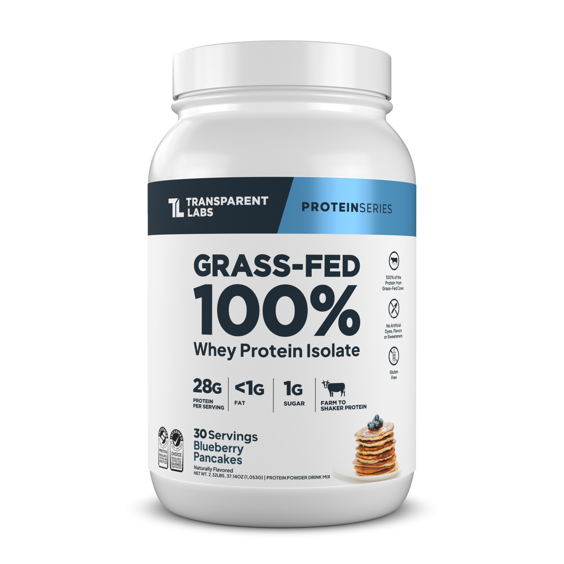 Transparent Labs Grass-Fed Whey Protein Isolate, Blueberry Pancakes, 2LB container