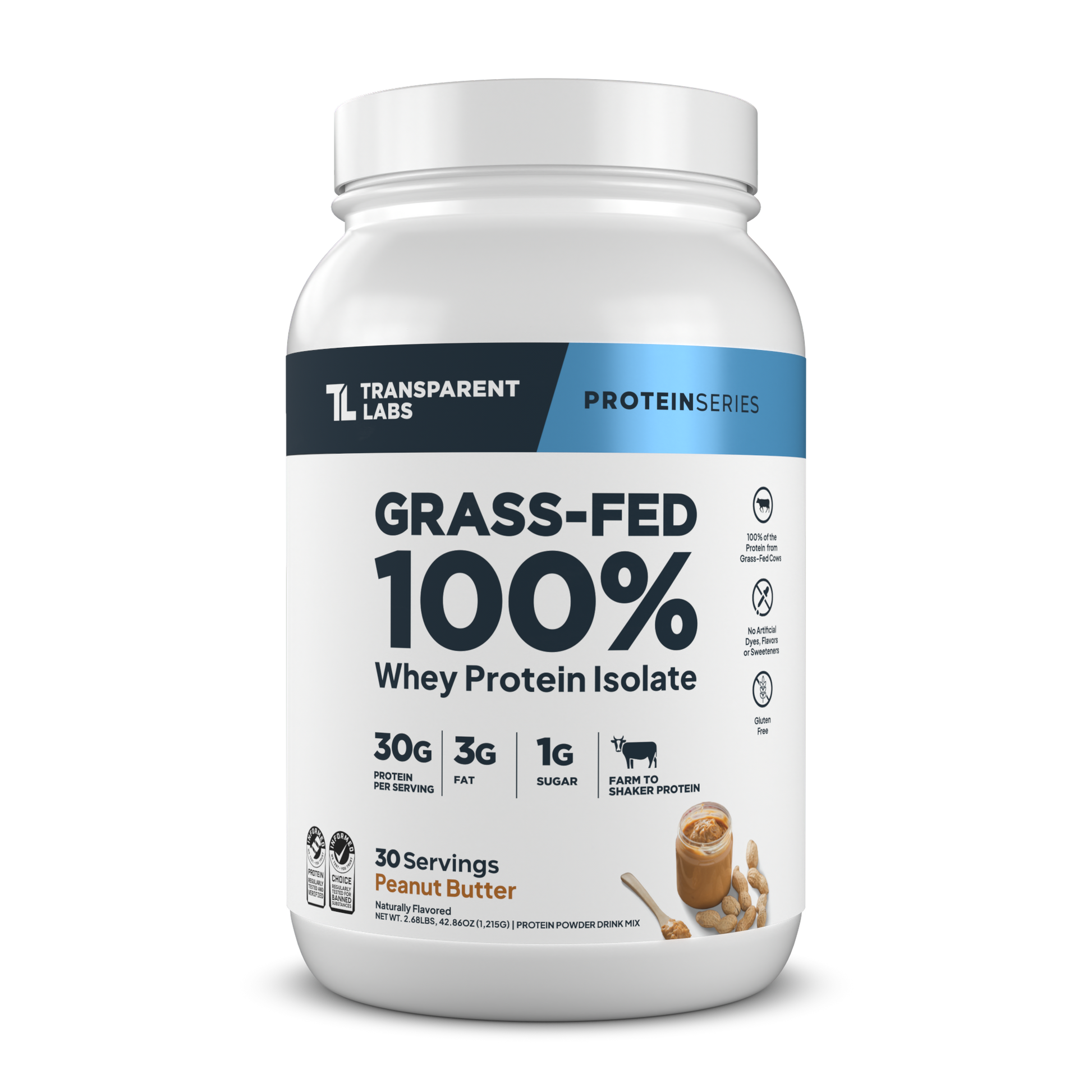 Transparent Labs Grass-Fed Whey Protein Isolate, Peanut Butter, 2LB container