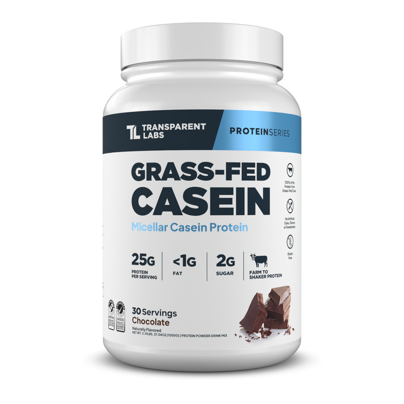 Transparent Labs 100 percent Grass-Fed Casein protein powder, 25g instantized micellar casein per scoop, 120 calories, grass-fed dairy, stevia sweetened, clean label