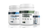 Collagen Hydrolysate, prebiotic greens, and Gut Health Probiotic next to each other in a workout stack!