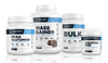 BCAA Glutamine, Mass Gainer Weight Gainer Supplement, BULK Pre-Workout Supplement, and Creatine HMB supplements in jars with Transparent Labs Labels on them